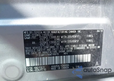 2019 Toyota Rav4 Hybrid Le z USA, uszkodzony, nr VIN 2T3LWRFV1KW018878